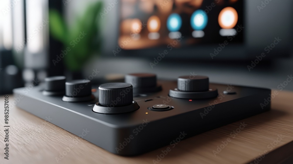Poster modern audio control surface in a stylish setting