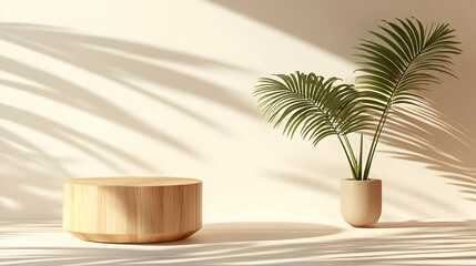 Obraz premium Wooden Podium with Palm Leaf Shadows 3D Illustration