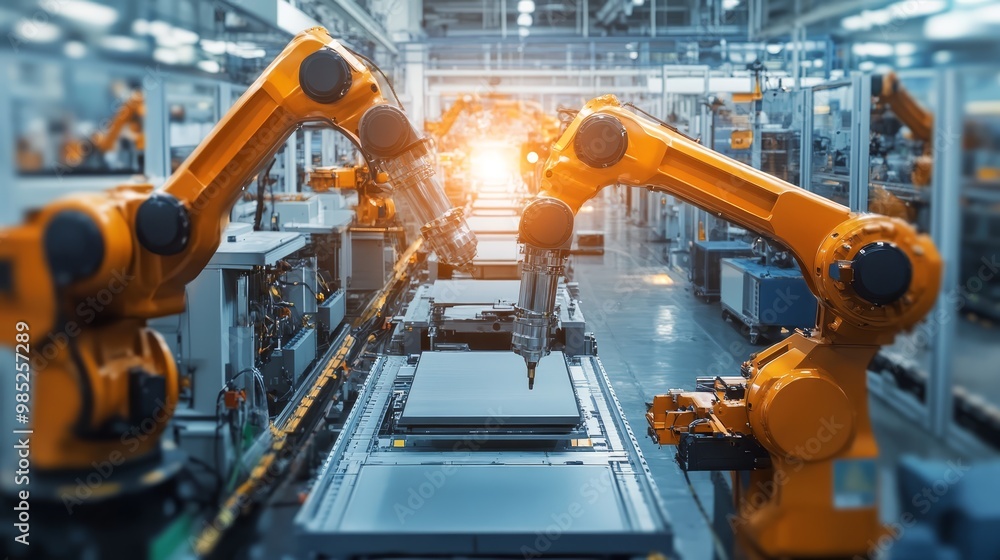 Poster industrial robots working on assembly line in factory