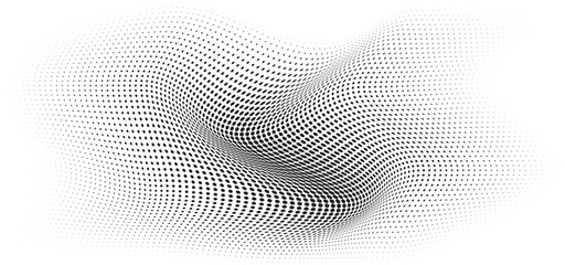 Flowing Wave Dot Halftone Pattern: Curve Gradient Shape on Transparent Background. Suitable for AI, Tech, Network, Digital, Science, and Technology Themes.