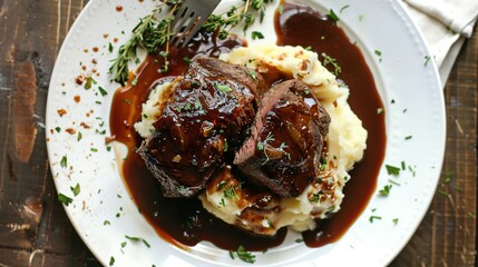 Naklejka premium Aerial Perspective of Roast Beef in Demi Glace Gravy with Mashed Potatoes on a White Plate
