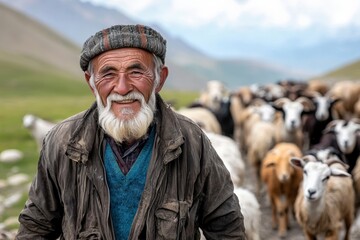 A rural goat herder in the mountains of Kyrgyzstan, leading a flock of goats across a rocky landscape