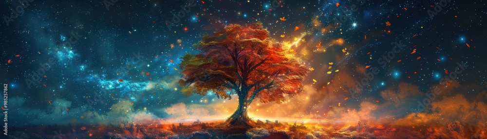 Poster a tree with leaves that are orange and red is in the middle of a field
