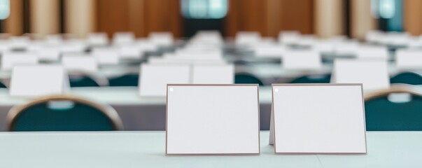 Professional conference setup, rows of blank name tags on a registration table, elegant business interior