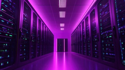 Fototapeta premium A futuristic server room with purple lighting and rows of servers.
