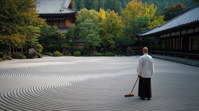 A peaceful Zen garden in Kyoto, with a monk raking sand patterns and a serene temple in the background