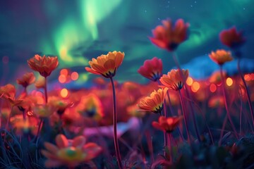 Obraz premium A field of flowers with a bright orange hue