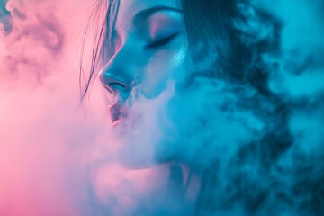 Woman with closed eyes in a cloud of pink and blue vapor, mysterious and surreal