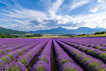 Obraz premium A field of lavender in Hokkaido, Japan, stretching out under the summer sun with mountains in the distance