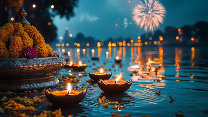Obraz premium Diwali night by the riverside with floating diyas on the water and fireworks in the distance