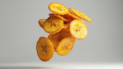 A photographic capture of golden fried plantain chips suspended in mid-air, showcasing their crispy texture and vibrant color against a minimalistic background.
