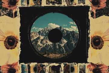 An image depicting a mountain range viewed through an oval frame, surrounded by abstract floral patterns and designs, blending nature with artistic surrealism.