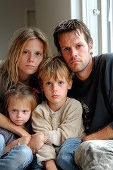 Obraz premium A family of four sitting in their empty living room with foreclosure signs on the windows, showing the severe impact of economic collapse