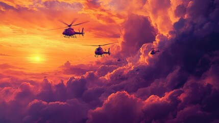 Sunset Helicopters Flying Through Colorful Clouds