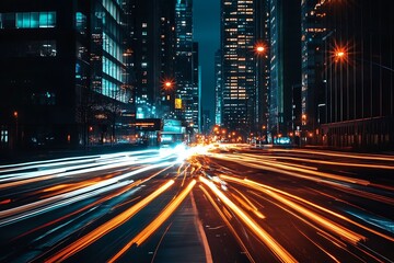 Obraz premium Night cityscape with blurred car lights, creating streaks of motion and urban energy
