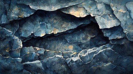 A dark, textured rock surface with deep, uneven crevices serves as a dramatic background. Light reflections subtly enhance the rugged features of the rock, adding a touch of brilliance and depth to