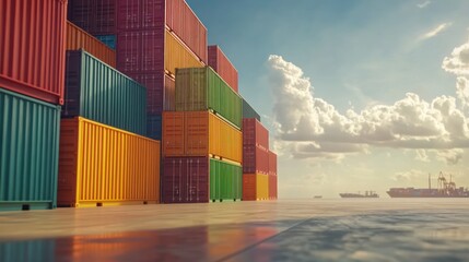 Fototapeta premium A vibrant stack of shipping containers at a port under a sunny sky.