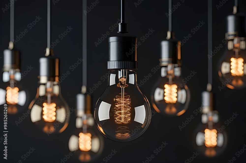 Poster glowing retro light bulbs on dark background. 3d rendering - generated ai