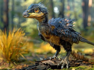 Fototapeta premium Feathered Dinosaur in a Lush Forest: A Digital Artwork