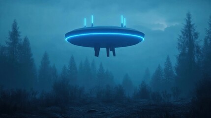 A mysterious flying saucer hovers over a foggy forest, emitting a soft blue glow, evoking curiosity and wonder about the unknown.