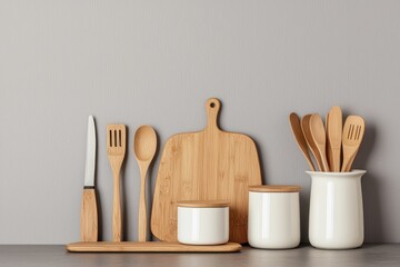 Bamboo kitchen accessories including utensils, cutting boards, and storage containers, ecofriendly and sustainable home decor