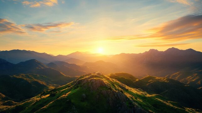 Breathtaking sunrise over green mountains, showcasing vibrant colors and serene nature, perfect for landscapes and travel themes.