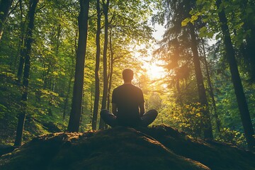 Man meditating in forest at sunrise, concept of mindfulness, peace, and tranquility
