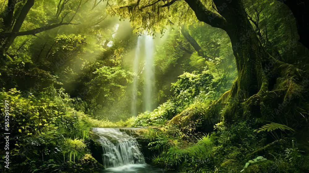 Aufkleber a serene forest scene with sunlight filtering through trees and a gentle stream flowing in a lush gr