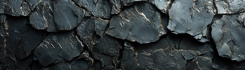 An elegant black rock surface with deep, intricate fissures creates a dramatic backdrop. The dark texture is enhanced by gentle light reflections that accentuate its rugged features, offering a