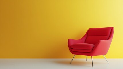 A visually striking image featuring a sleek red armchair set against a vibrant yellow background wall, epitomizing modern design and bold color contrast in contemporary home decor.