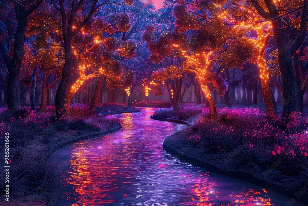 Poster a river with trees lit up in the background