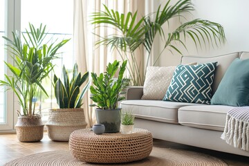 Elegant living room interior with stylish home decor, rich green house plants. Beautiful plants add freshness, coziness to space. Modern furniture, macrame details, plush rug create comfortable,