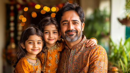 indian urban father with with children in festive clothing celebrating Diwali