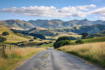 Naklejka premium Long rural road winding through rolling hills, meadows and distant mountains in New Zealand. Scenic countryside landscape with grassy terrain, asphalt road and mountain peaks in the background.