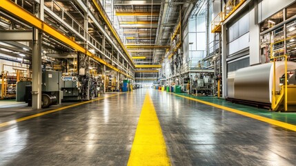 A spacious industrial facility with machinery and a clear pathway.