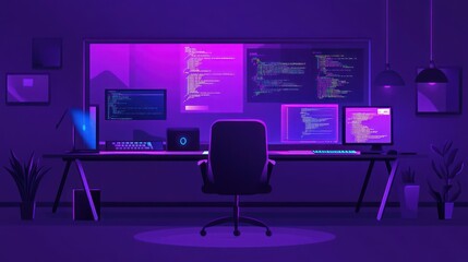 A modern workspace with multiple screens displaying code in a purple-themed environment.