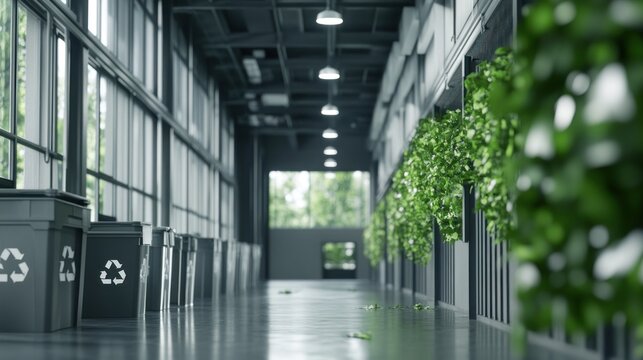 A modern hallway with recycling bins and greenery promoting sustainability.