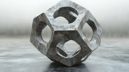 Abstract geometric sculpture with hollowed shapes and textures.