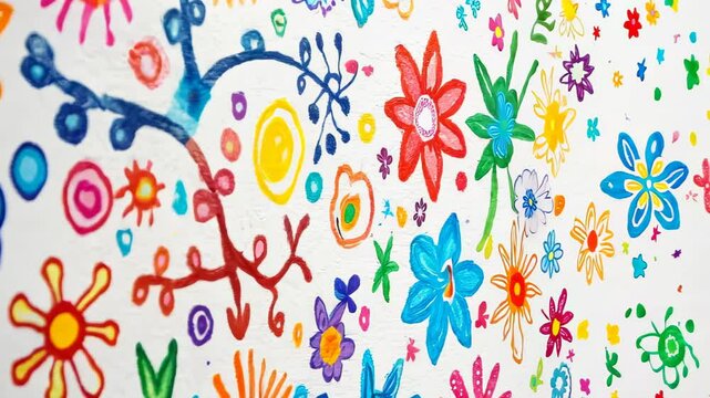 Vibrant hand-drawn floral doodles scattered across pristine white background. Colorful star-shaped blossoms in various sizes create lively pattern. 