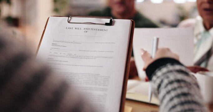 Lawyer, hands and documents with senior couple for last will and testament application form and personal information. Legal paperwork, attorney and elderly people with contract for asset management