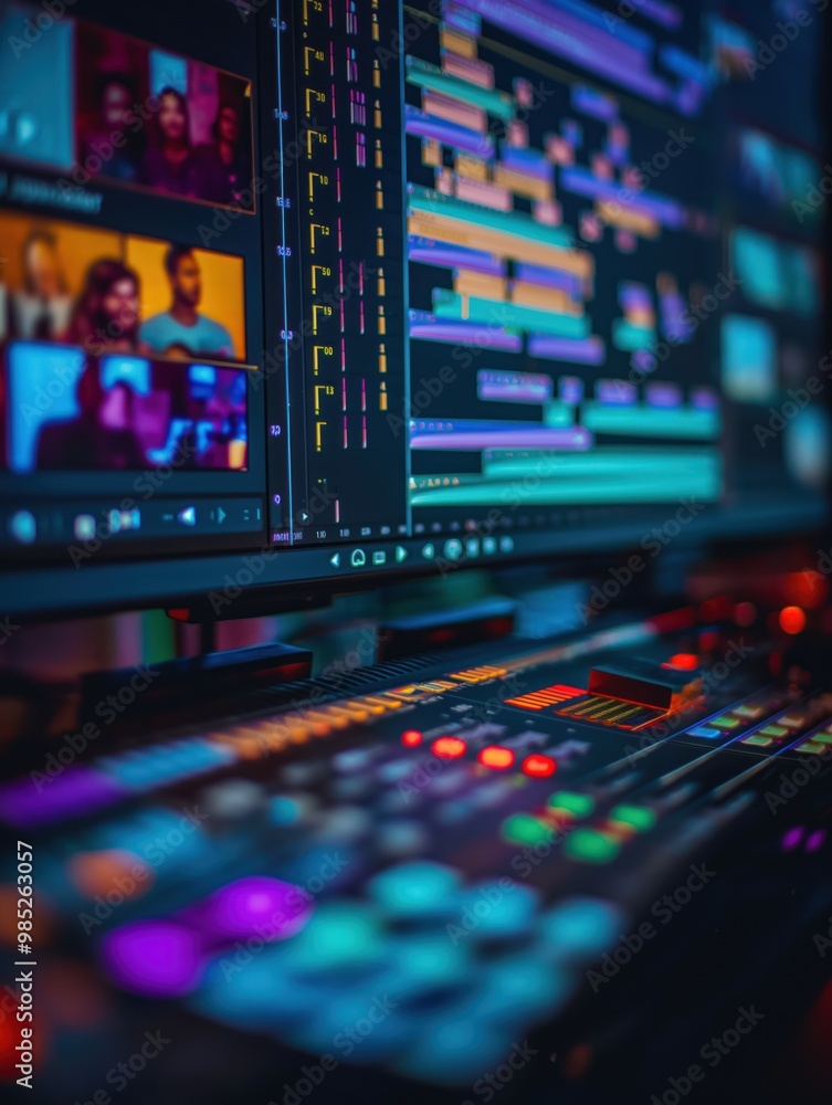 Poster pro video editing timeline with vertical layout. colorful interface with selective focus. modern com