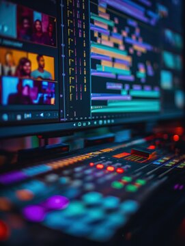 Pro video editing timeline with vertical layout. Colorful interface with selective focus. Modern computer screen displaying timeline with film, media equipment. Digital studio setup with monitor,