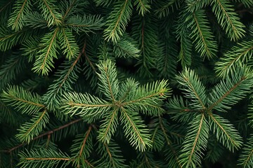 Close-up of Christmas tree branches in top view. Evergreen coniferous foliage with rich green needles. Fresh fir tree branches decorate the winter season with festive atmosphere.