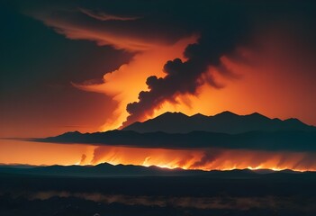 Fiery orange horizon with dark clouds and smoke, dramatic apocalyptic landscape
