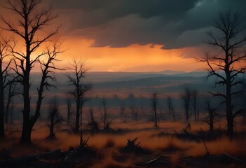 Naklejka premium Fiery orange horizon with dark clouds and smoke, dramatic apocalyptic landscape