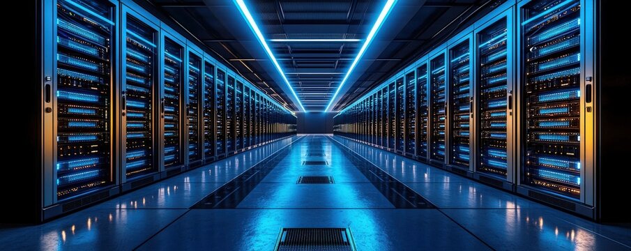 An expansive view of a modern data center, filled with rows of sleek, metallic server racks. Each rack is illuminated with a soft, blue glow from LED indicators, while the clean, climate-controlled