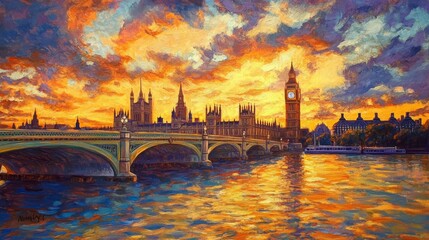 Naklejka premium Vibrant Sunset Over the Thames River in London