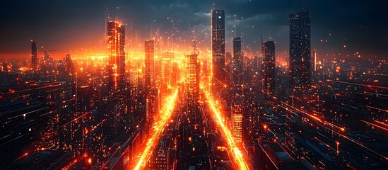 Futuristic Digital Cityscape with Glowing Neon Lines and Skyscrapers Showcasing Modern Urban Innovation