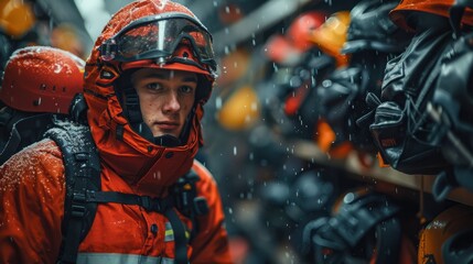 Fototapeta premium A highly realistic image of a person engaged in Firefighters – Maintaining rescue equipment in equipment storage The scene is well-lit, with natural light highlighting the details. The background 