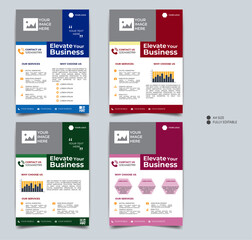 Corporate business flyer template design set with blue, green, red and pink color.